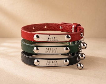 Leather Cat Collar with Custom Name and Phone Number, Personalized ID Plate and Bell, Gift for Cat Owners