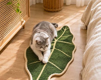 Leaf Cat Rug for Indoor Cats, Cotton Linen Scratcher Mat, Non Slip Kitty Play Mat, Cute Pet Floor Decor Gift for Cat Lovers