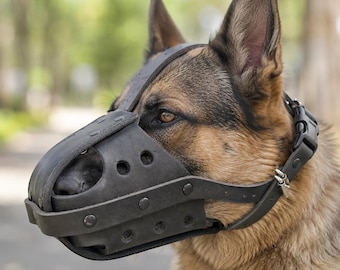 Genuine Leather Dog Muzzle for Large Dogs, Adjustable German Shepherd Bite Guard, Breathable Training Muzzle with Quick Release
