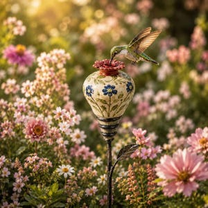 May include: A ceramic garden stake featuring a cream-colored bulbous vessel with hand-painted blue flowers and green stems, topped with a red rim. A small hummingbird with iridescent green and white feathers hovers above the opening of the vessel.