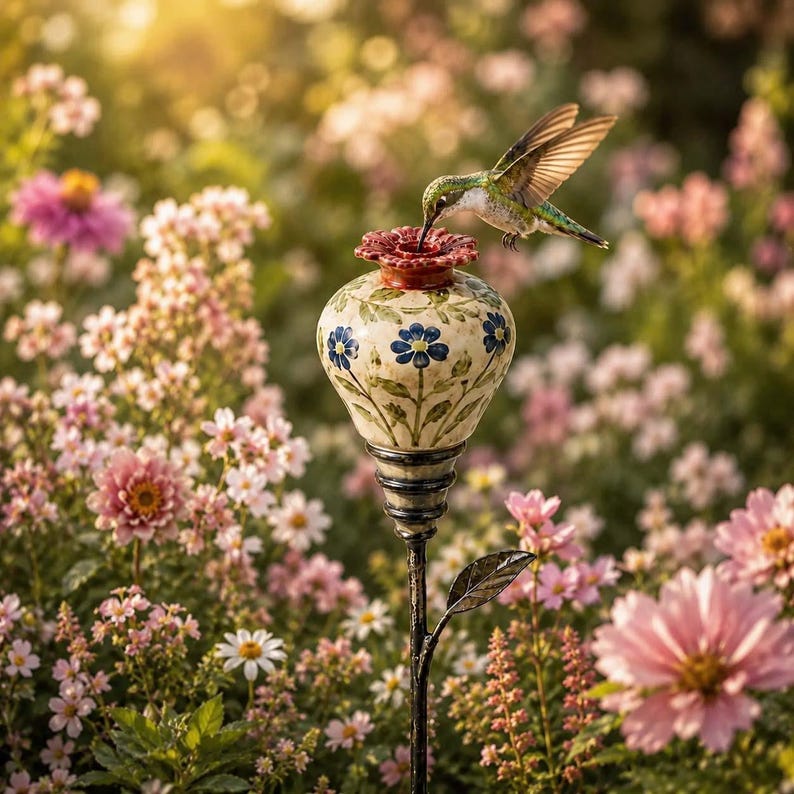 May include: A ceramic garden stake featuring a cream-colored bulbous vessel with hand-painted blue flowers and green stems, topped with a red rim. A small hummingbird with iridescent green and white feathers hovers above the opening of the vessel.