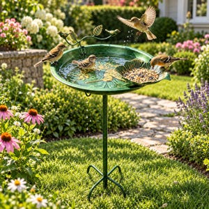 May include: A green metal bird bath on a thin stand featuring a shallow basin with a central hummingbird relief, a small leaf-shaped seed tray, and decorative metal leaves, with several small brown birds perched on the rim and flying above.
