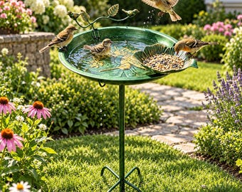 Garden Bird Bath Feeder Stake, Metal Bird Bath with Feeder Tray, Outdoor Birdbath for Yard, Lawn, Patio, Bird Lover Gift