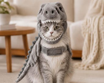 Plush Dinosaur Skeleton Dog Costume, T-Rex Skull Headpiece with Long Tail, Halloween Cosplay Outfit for Pets