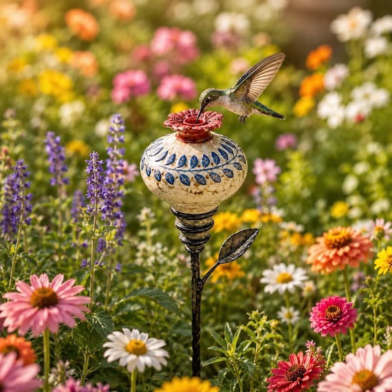 Ceramic Flower Hummingbird Feeder, Hand Painted Glass Bird Feeder, Vintage Garden Ornament, Backyard Bird Lover Gift