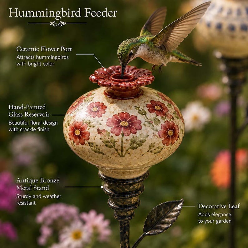 May include: A hummingbird feeder featuring a hand-painted glass reservoir with a floral design and crackle finish, a red ceramic flower port, an antique bronze metal stand, and a decorative metal leaf. Text includes Hummingbird Feeder.