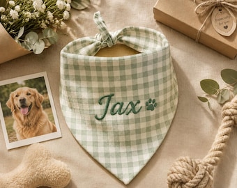 Pañuelo para perro de algodón y lino bordado personalizado con nombre, accesorio para el cuello de cachorro de algodón y lino, regalo para mamás perrunas, regalo único para amantes de las mascotas
