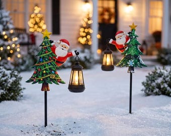 Christmas Tree Solar Garden Stakes, Santa Claus Lantern Lights, Festive Outdoor Pathway Decorations for Winter Yard