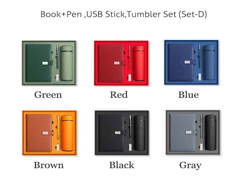 K&ouml;nnte beinhalten: Ein Geschenkset mit der Aufschrift Book+Pen, USB Stick, Tumbler Set (Set-D) in sechs Farbvarianten: Gr&uuml;n, Rot, Blau, Braun, Schwarz und Grau. Jedes Set enth&auml;lt ein Notizbuch mit silbernem Verschluss, einen Stift, einen USB-Stick und einen Becher.