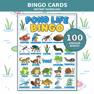 Peut inclure: Une carte de jeu Bingo Pond Life avec une grille de 25 cases illustrant des animaux et plantes d'étang comme une écrevisse, un martin-pêcheur, un scorpion d'eau, une moule, un gerris, un coléoptère, une massette, une sangsue, un nénuphar, un triton, une loutre, une grenouille, un crapaud, une tortue, un canard, un escargot, une libellule, un castor, une carpe, un héron et une plante aquatique, avec le texte 100 UNIQUE BINGO.