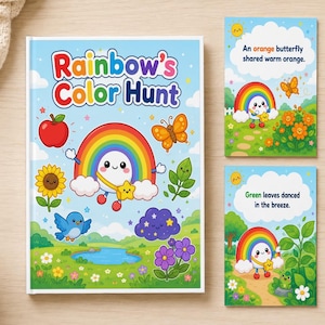 May include: A children's book titled Rainbow's Color Hunt featuring a central rainbow character, a red apple, a sunflower, a blue bird, and purple flowers. Two smaller cards show a rainbow character with an orange butterfly and green leaves.