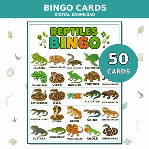 Puede incluir: Una tarjeta de bingo de reptiles para descarga digital con una cuadrícula de 5x5 que muestra ilustraciones de varios reptiles, incluyendo una iguana, un lagarto cornudo, una tortuga de cuello de serpiente, una tortuga marina y un caimán.