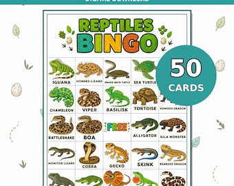 Bingo Reptile Printable Game, 50 Unique Picture Cards for Kids and Classrooms