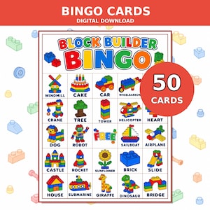 May include: A digital bingo card set titled Block Builder Bingo featuring a 5x4 grid of colorful building block illustrations including a windmill, cake, car, wheelbarrow, crane, tree, tower, helicopter, heart, dog, robot, sailboat, airplane, castle, rocket, sunflower, brick, slide, house, submarine, giraffe, dinosaur, and bridge.