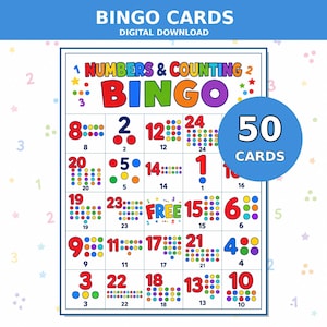 Peut inclure: Une carte de bingo Numbers & Counting avec une grille de chiffres colorés de 1 à 24, chacun accompagné de points correspondants. L'en-tête indique BINGO et un cercle bleu indique 50 CARDS. Le design inclut des étoiles et des points.