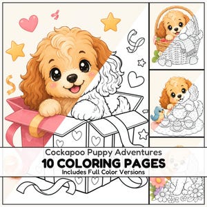 Cockapoo Puppy Adventures Coloring Pages, 10 Printable Black and White Kids Activity Sheets