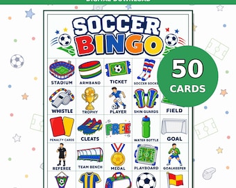 Bingo Soccer Printable Game, 50 Unique Picture Cards for Kids Parties and Classrooms