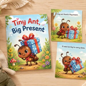 Puede incluir: Un libro infantil titulado Tiny Ant, Big Present que muestra una hormiga marrón cargando un regalo azul con un lazo rojo. Dos tarjetas cuadradas adicionales muestran a la misma hormiga con el texto A tiny ant found a big present y It was too big to carry alone.