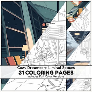Cozy Dreamcore Liminal Spaces Adult Coloring PDF with Full-Color References