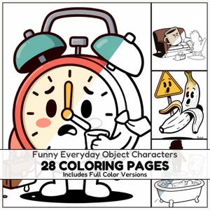 Funny Everyday Objects Adult Coloring PDF, Printable Mid-Century Cartoons with Full-Color References