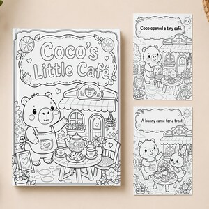 May include: A colouring book titled Coco's Little Café featuring a bear in an apron standing outside a shop with a table, teapot, and cookies. Two additional colouring pages show the bear at the café and a bunny arriving for a treat.