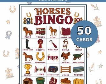 Bingo Horse Printable Game, 50 Unique Picture Cards for Kids, Families and Classrooms