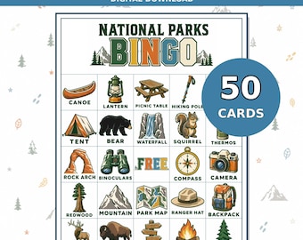 Bingo National Parks Game, 50 Printable Picture Cards, Camping and Classroom Activity