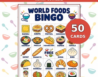 Bingo World Foods for Kids, Printable Educational Picture Game, 50 Unique Cards