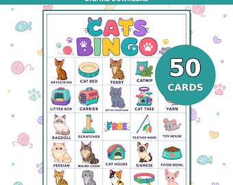 Bingo Cat Game, 50 Unique Printable Picture Cards for Kids and Cat Lovers