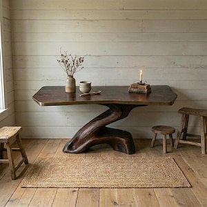 Live Edge Console Table, Dark Wood, Tree Root Base, Metal Hallway Table