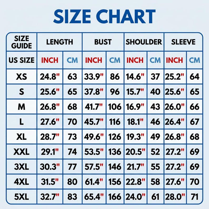 May include: A size chart table with blue text and borders on a white background. The chart lists US sizes from XS to 5XL with corresponding measurements for length, bust, shoulder, and sleeve in both inches and centimeters for garment sizing.