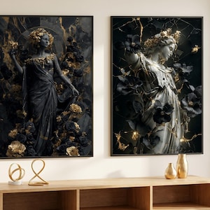 Black Gold Wall Art Set of 2, Kintsugi Goddess Print, Dark Academia Decor, Luxury Printable Wall Art