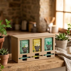 Peut inclure: Une boîte distributrice de sachets de thé rectangulaire beige avec trois fentes verticales contenant des sachets de la marque Clipper. Les étiquettes présentent des variétés jasmin, camomille et menthe avec des illustrations de tasses.