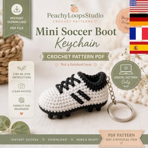 Puede incluir: Un patrón de ganchillo en PDF para un llavero de mini bota de fútbol de PeachyLoopsStudio. El documento incluye texto como Mini Soccer Boot Keychain, Crochet Pattern PDF y Digital Pattern Only, con una bota de fútbol tejida en blanco y negro.