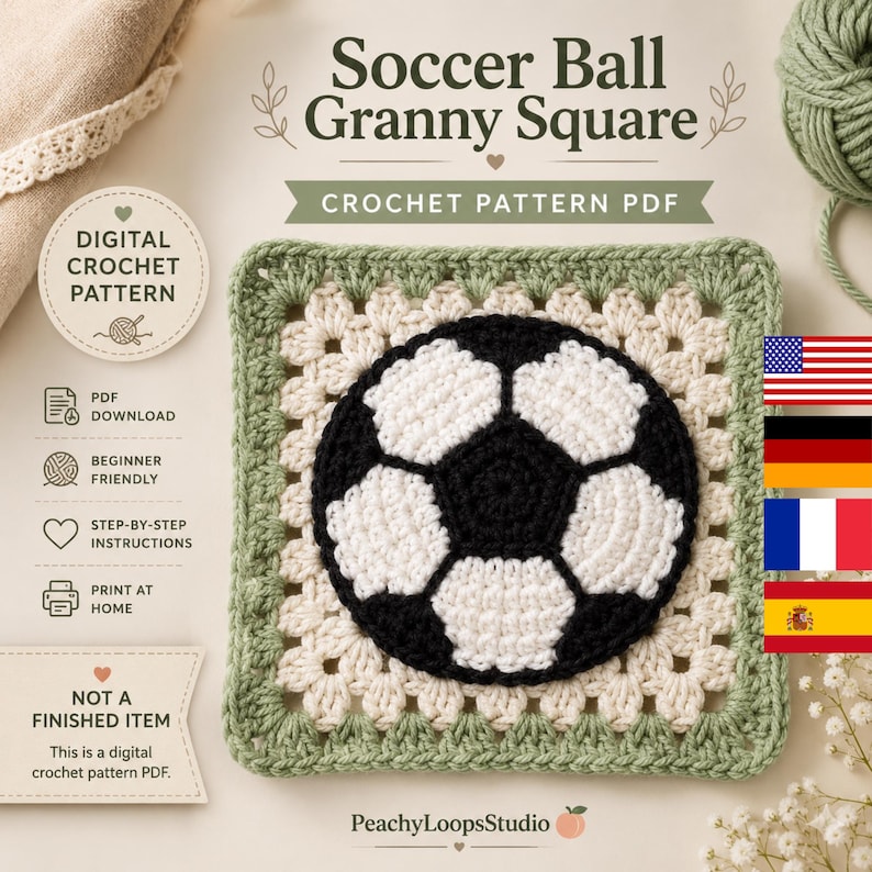 May include: A digital crochet pattern PDF titled Soccer Ball Granny Square featuring a square motif with a central black and white soccer ball design, surrounded by cream and sage green yarn borders, with text indicating it is not a finished item.