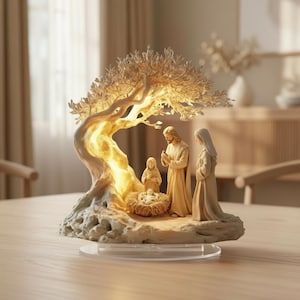 Könnte beinhalten: Eine beleuchtete Krippenskulptur mit einem beigen Baum, dessen leuchtende Äste sich über die Figuren einer Person, eines Kindes und eines Säuglings in einer Krippe wölben. Das gesamte Ensemble steht auf einem transparenten, runden Sockel.