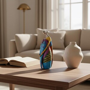 Pode incluir: Uma escultura abstrata estilizada com uma cabeça metálica fina sobre um corpo curvo e alongado, pintado em tons vibrantes de azul, amarelo, rosa e verde com padrões texturizados, posicionada ao lado de um livro aberto e um vaso de cerâmica branco.