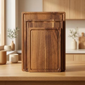 May include: A set of three rectangular wooden cutting boards of varying sizes stacked vertically. Each board features a natural brown wood grain pattern and a recessed juice groove running along the perimeter of the top surface.