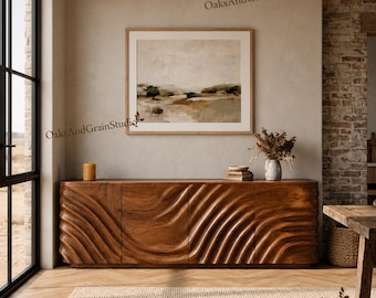 Modern Walnut Sideboard Cabinet Wave Carved Buffet Cabinet Mid Century Credenza for Living Room & Dining Room