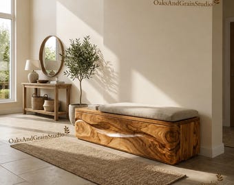 Moderne houten opbergbank met kussen Inkombank met verborgen opberger Slaapkamerbank Opberger aan het einde van de eeuw Modern meubilair uit het midden van de eeuw
