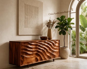 Aparador moderno de madera con forma de ola, vitrina tipo buffet de nogal tallada, estilo mediados de siglo, para sala de estar.