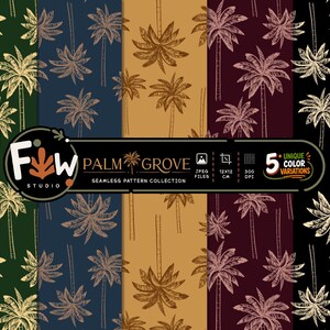Pode incluir: Uma coleção digital de cinco padrões sem costuras com ilustrações de palmeiras em dourado sobre fundos verde-escuro, azul-marinho, bege, bordô e preto. A etiqueta central diz Fw Studio Palm Grove Seamless Pattern Collection.