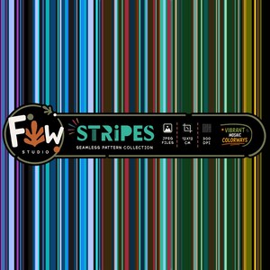 Pode incluir: Um gráfico digital com um padrão de listras verticais em tons de azul, verde, cerceta e dourado. Um rótulo horizontal escuro exibe o texto "Fw STUDIO STRIPES SEAMLESS PATTERN COLLECTION," "JPEG FILES," "12x12 CM," "300 DPI," e "VIBRANT MOSAIC COLORWAYS."