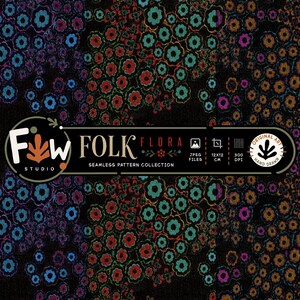 Pode incluir: Uma coleção de padrões digitais sem costura intitulada Folk Flora da Fw Studio com motivos florais desenhados à mão em azul, vermelho, turquesa, roxo e laranja sobre fundo preto. O gráfico inclui texto, 12x12 cm, 300 dpi e original art.
