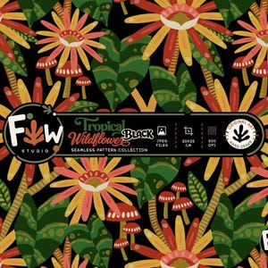 Pode incluir: Um design de padrão contínuo com flores silvestres tropicais e pequenos cogumelos em tons de vermelho, amarelo e verde sobre um fundo preto. Uma etiqueta central exibe o texto Fw Studio Tropical Wildflower Black, 20x25 cm, 300 DPI.