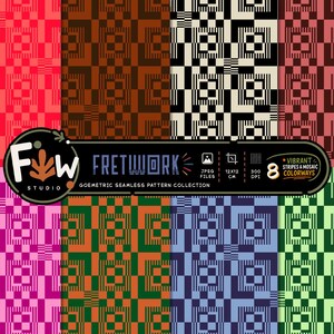 Può includere: Una collezione digitale di otto motivi geometrici senza cuciture con disegni a mosaico a righe in varie colorazioni. Il testo in sovrimpressione recita Fretwork, Fw Studio, Geometric Seamless Pattern Collection, 8 Vibrant Stripes & Mosaic Colorways, 12x12 cm, 300 dpi.
