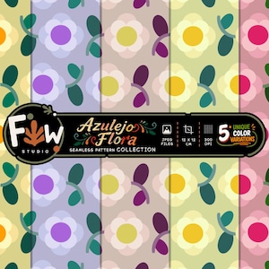 Pode incluir: Uma coleção de padrões digitais sem costura intitulada Azulejo Flora da Fw Studio, apresentando cinco painéis verticais com motivos florais repetitivos em tons de amarelo, roxo, rosa claro e verde, incluindo texto indicando arquivos de 12 x 12 cm.