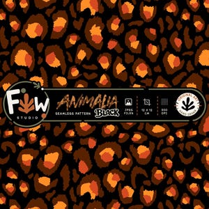 Pode incluir: Um padrão sem costuras com estampa de leopardo em preto, castanho e laranja. Uma sobreposição exibe o texto Fw Studio, Animalia Black, Seamless Pattern, JPEG Files, 12 x 12 cm, 300 DPI e Original Art Hand Drawn.