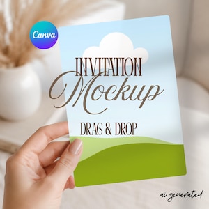 May include: A rectangular invitation mockup card featuring a light blue sky with a white cloud and a green grassy hill at the bottom. The text INVITATION Mockup and DRAG & DROP are printed in brown on the front of the card.