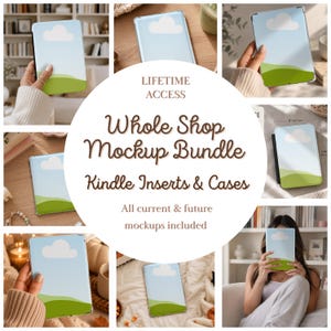 May include: A digital mockup bundle for Kindle inserts and cases featuring a landscape design with a light blue sky, a single white cloud, and a green grassy hill. The text reads LIFETIME ACCESS, Whole Shop Mockup Bundle, Kindle Inserts & Cases.